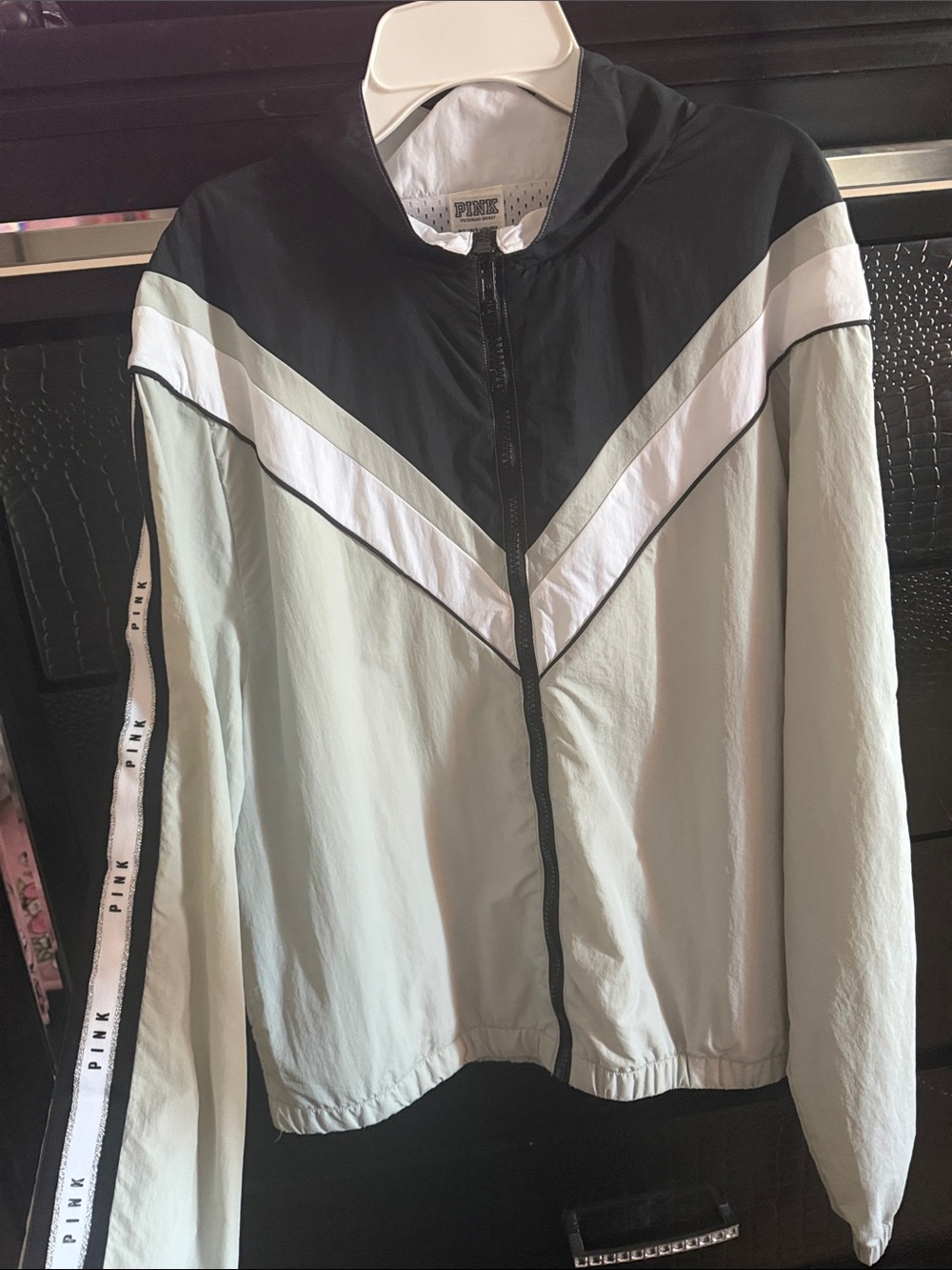 PINK Victoria's Secret Black and Mint Colorblock Chevron Bomber Jacket